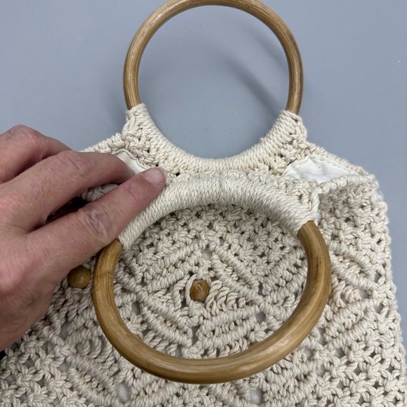 Macrame Wooden Handle Beaded Purse Hippie Boho Trendy - Picture 6 of 7